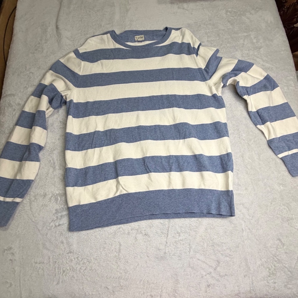 J. Crew Re-Imagined Mens XL Blue Cream Striped 100% Cotton Crew Neck Sweater